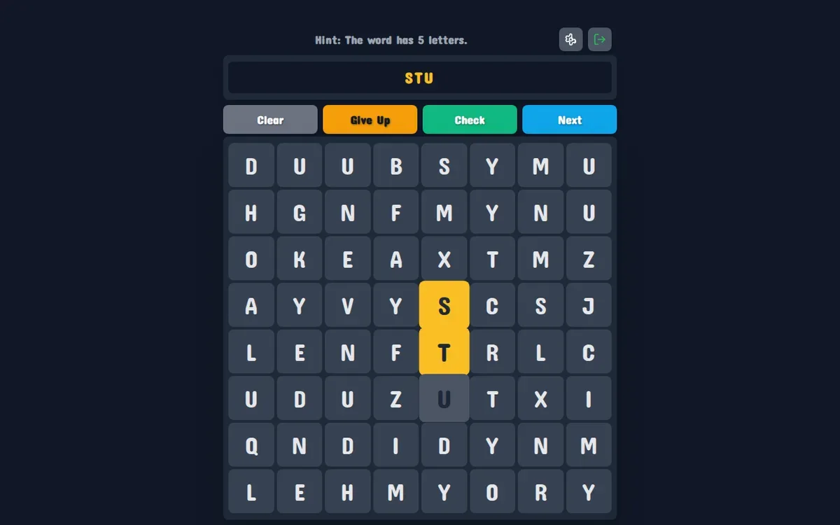 Hidden Word Puzzle desktop 8x8 grid with STU selected beneath a five-letter hint.