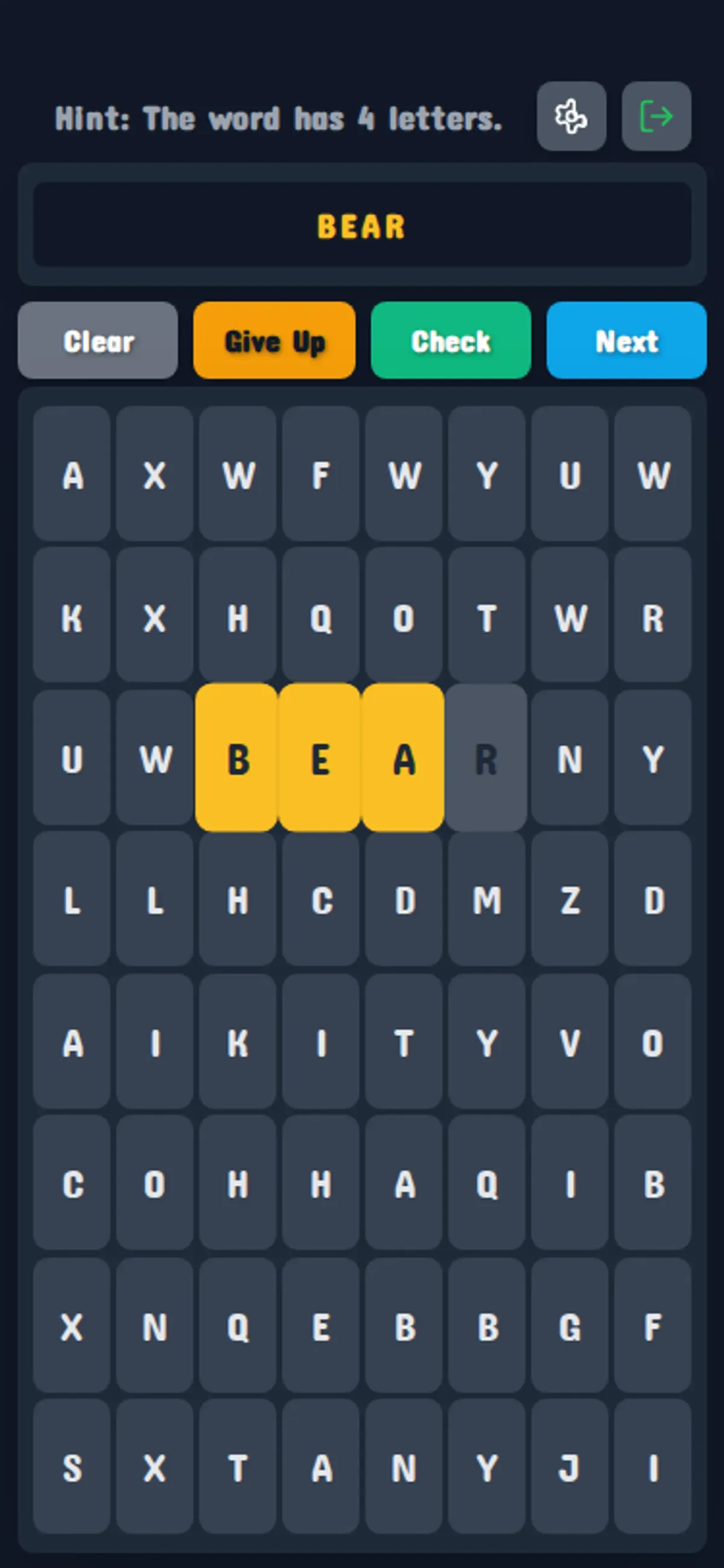Hidden Word Puzzle mobile grid with BEAR in the selection display and a four-letter hint.