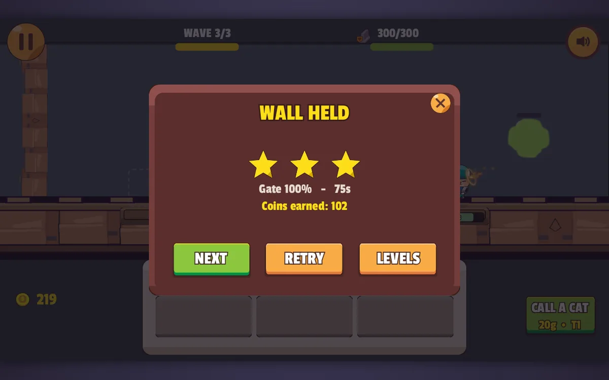 Hot Barrel Cats Level 1 WALL HELD result with three stars and gate at 100 percent