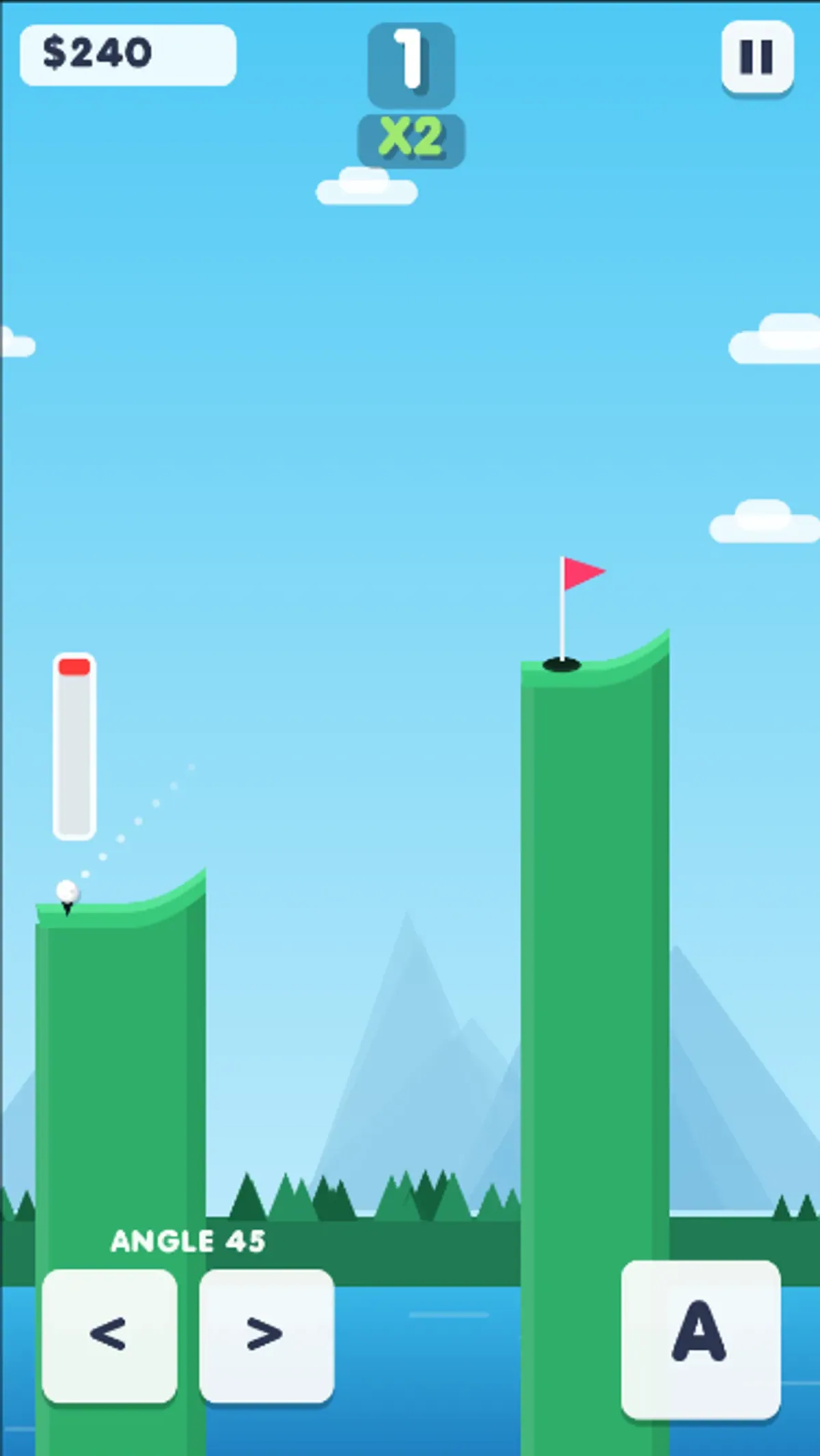 Infini Golf on a phone after the first hole, with the counter at 1 and another flag ahead.