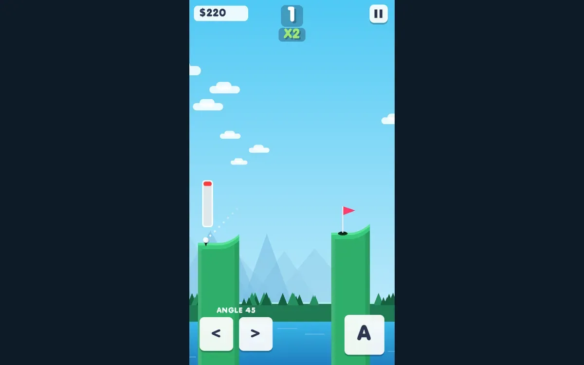Infini Golf on desktop after the first hole, showing a counter of 1 and the next green.