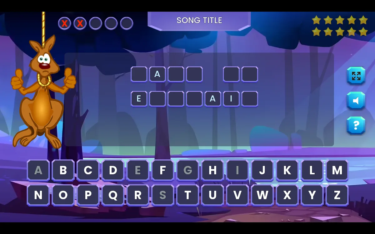 KangaHang song-title puzzle with revealed letters and two marked error circles