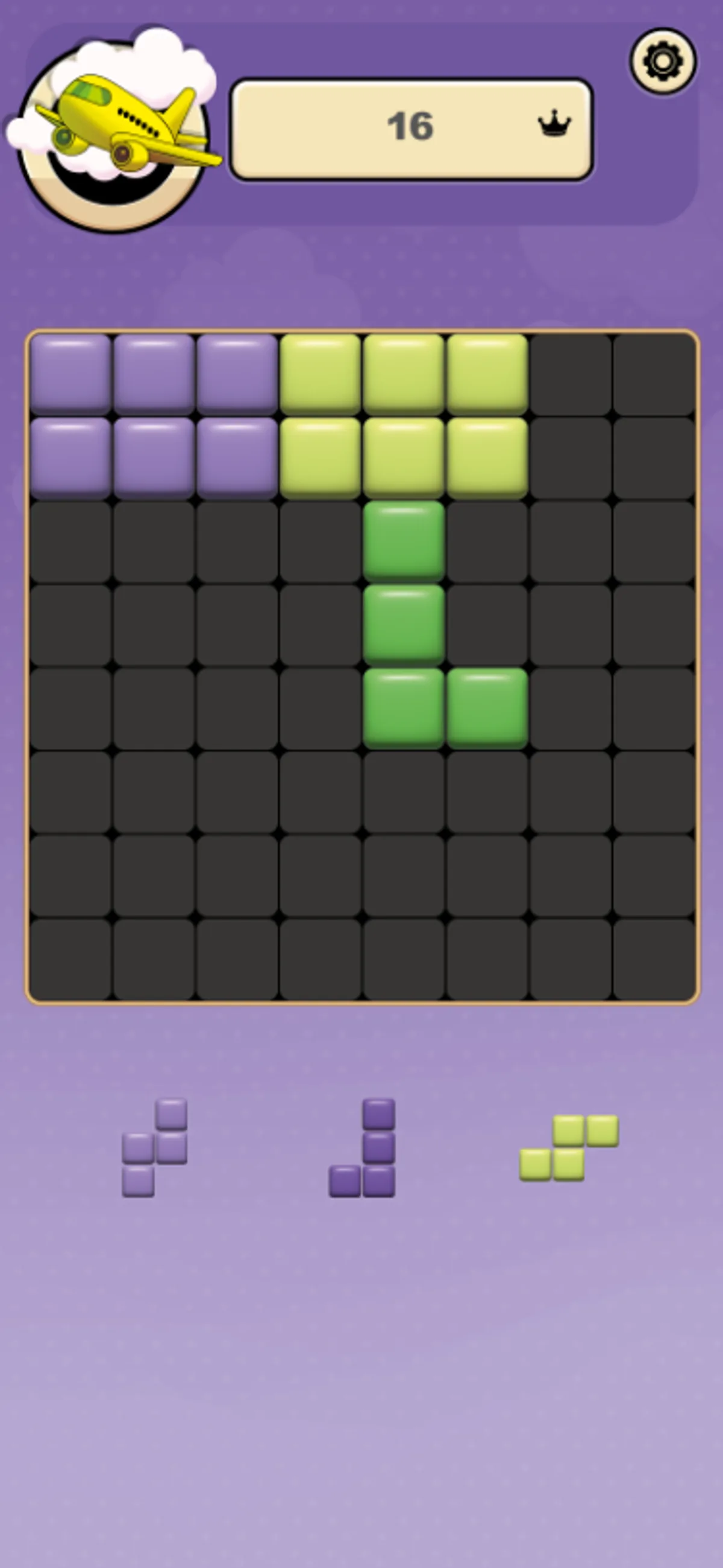 Three placed shapes and score 16 above a newly filled three-piece tray