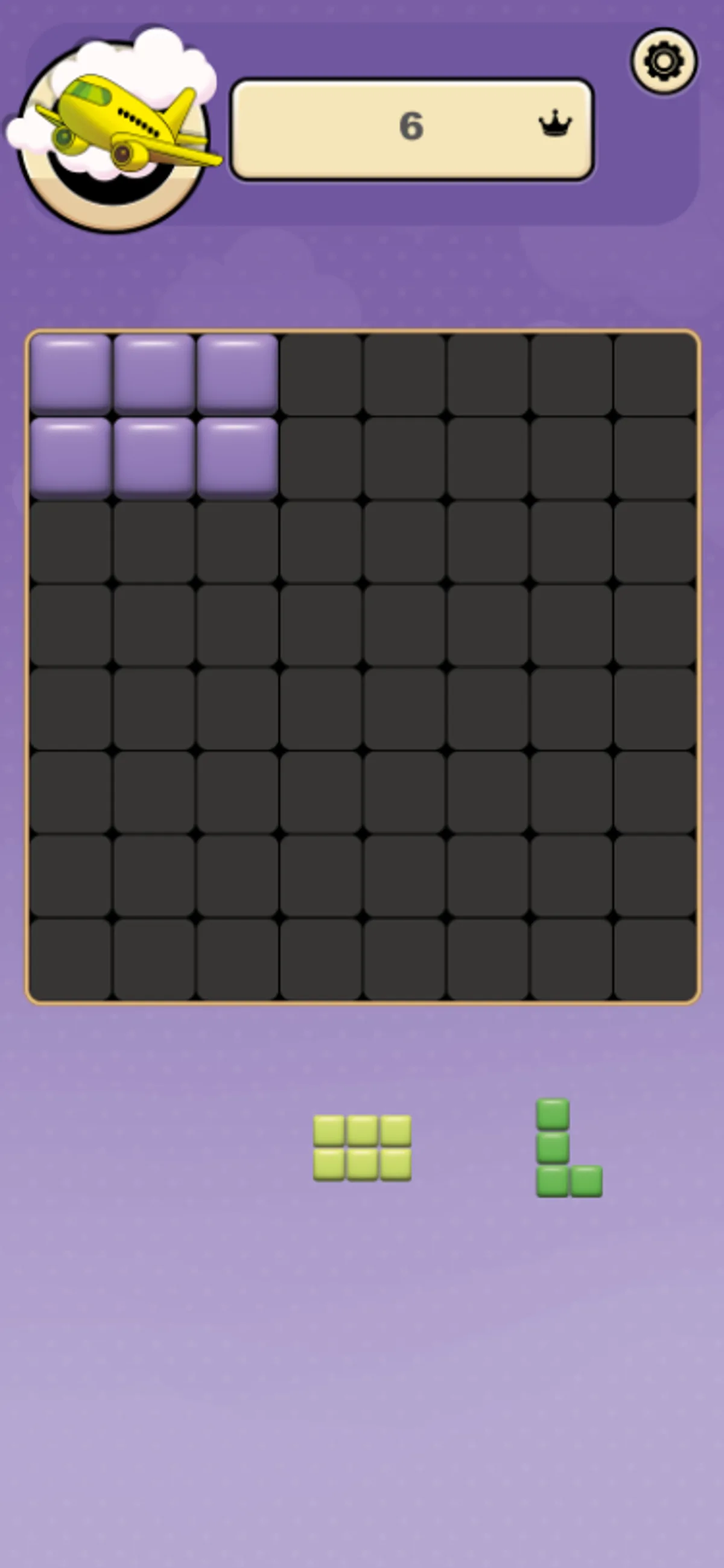A purple six-block rectangle fills the top-left cells of the board, with score 6