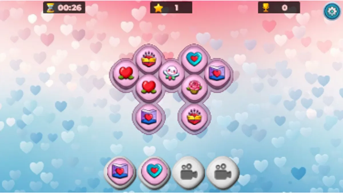 Love Tile Trio phone-sized board with envelope and cyan-heart designs in two bottom slots