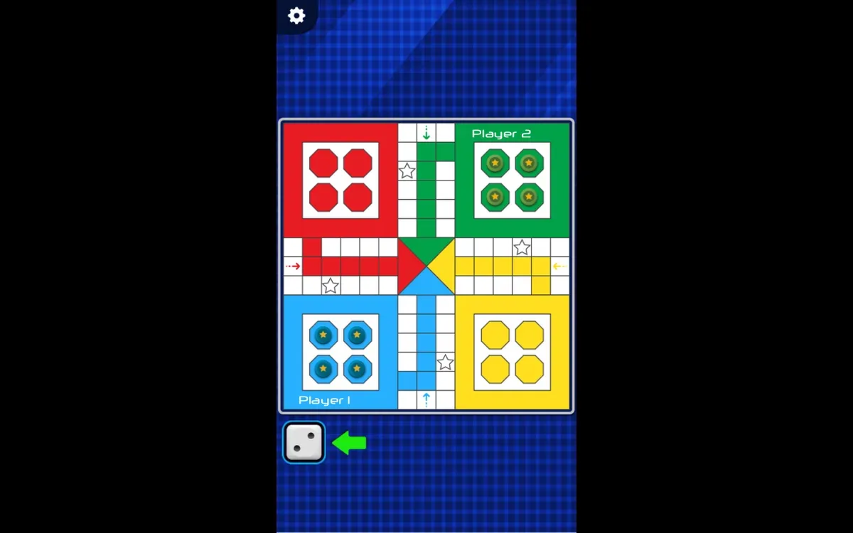 Ludo Classic desktop board with a two on the lower-left die and all active pawns at home.