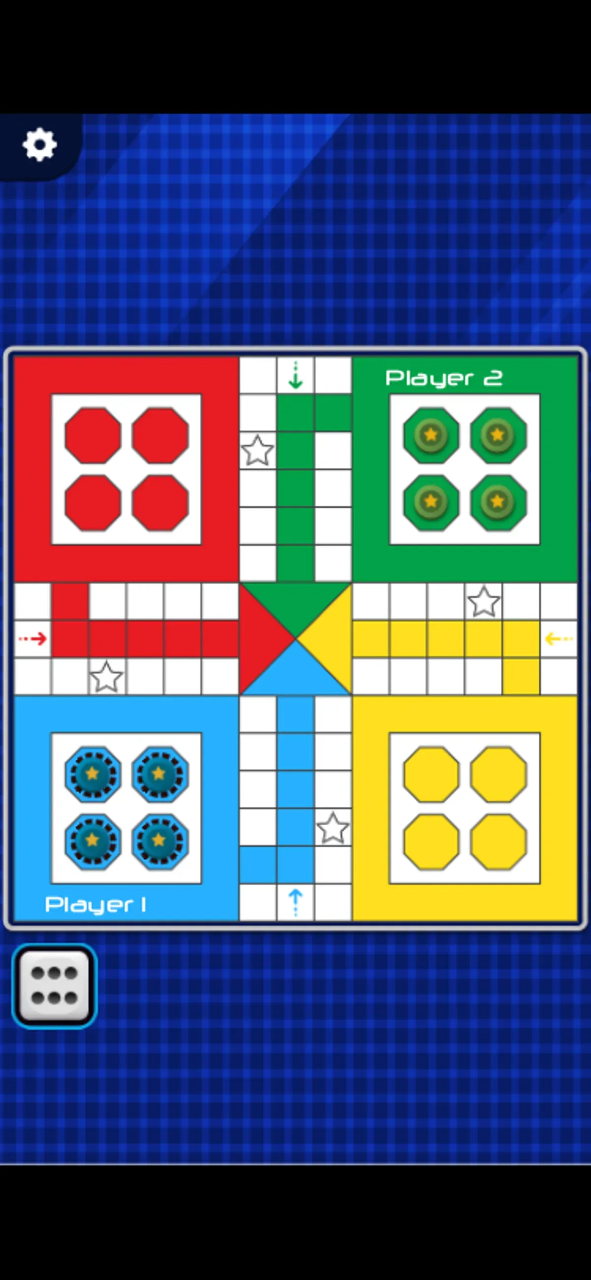Ludo Classic phone board with a six on the die and outlined blue pawns still at home.