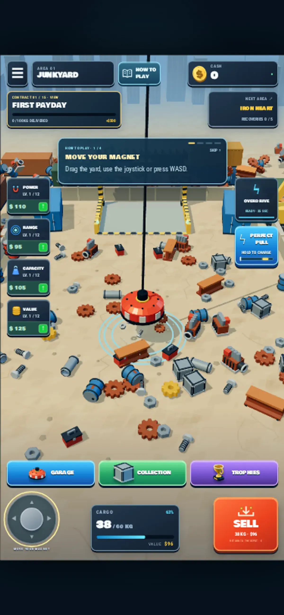 Magnet Master 3D on mobile, with the movement tutorial, 38 of 60 kilograms of cargo and zero cash visible.