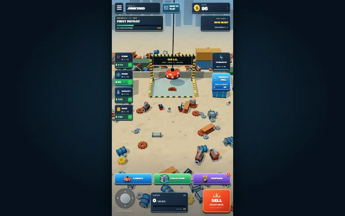 Magnet Master 3D on desktop after a sale, showing empty cargo, 96 cash and 38 of 100 kilograms delivered.