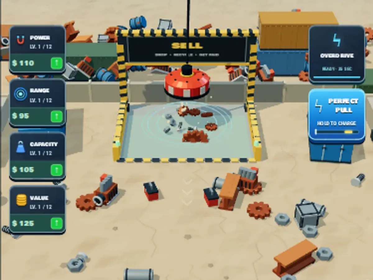 A red magnet hovers above the striped SELL depot in the Magnet Master 3D junkyard.