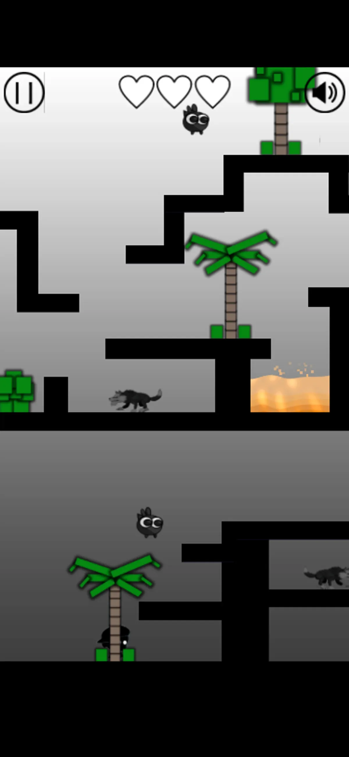 Mobile maze with the player partly hidden by the palm trunk after moving right.
