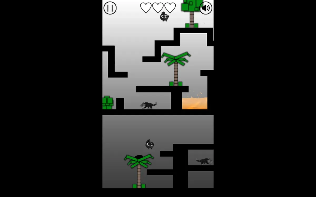 Desktop portrait maze with the player partly hidden behind palm leaves, a flying creature and black platforms.