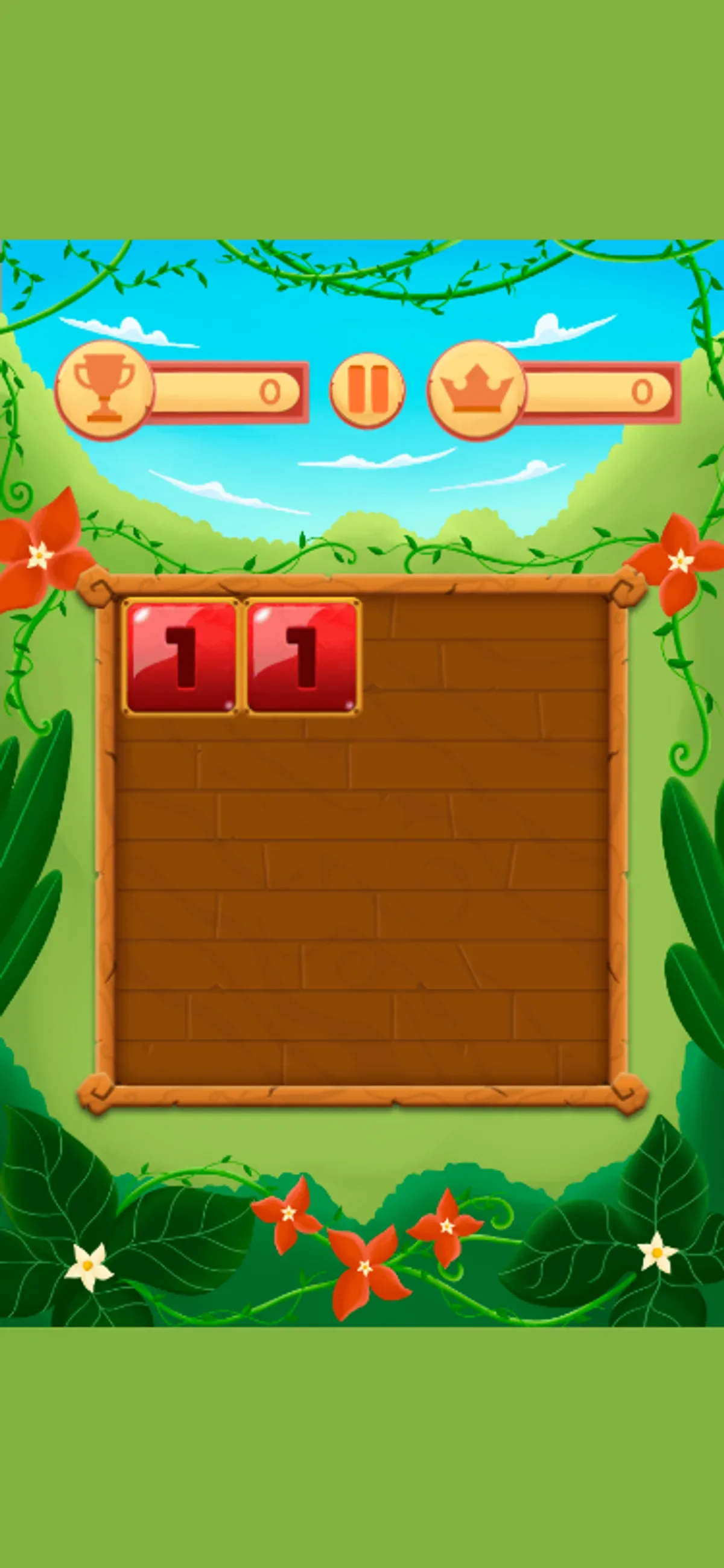 Portrait Merges Numbers board with two red 1 tiles side by side in the top row and counters at 0.