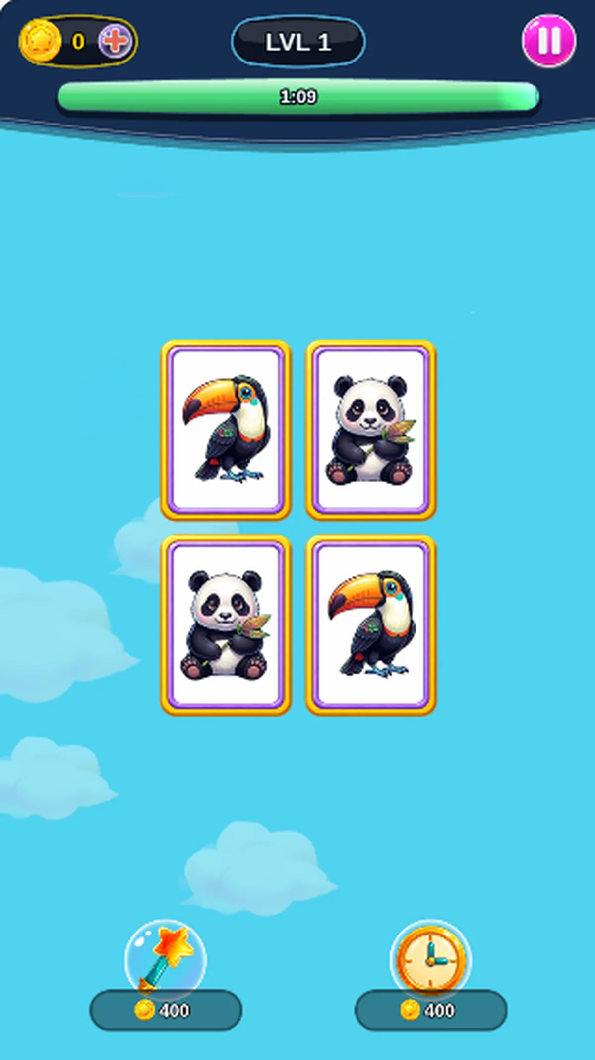 Mischievous Pairs mobile Level 1 board with toucan and panda cards