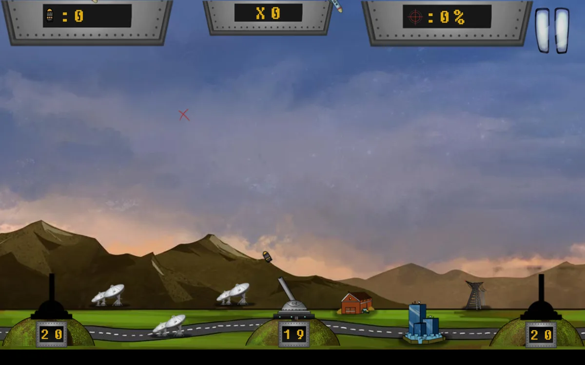 Missile Attack desktop board with a red target cross, center cannon pointing up-left and battery counts 20, 19 and 20