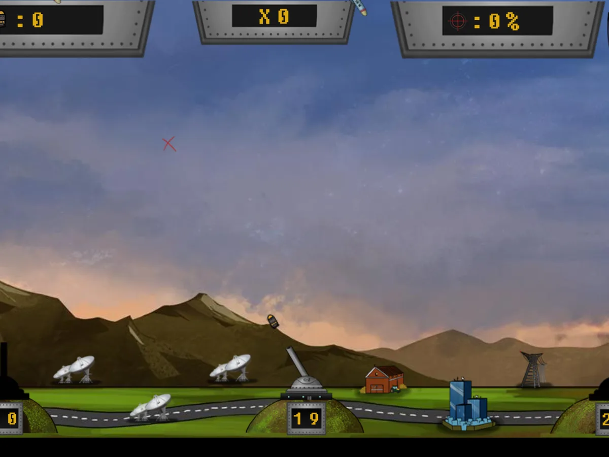 Missile Attack red target cross above a center cannon angled up-left with battery display 19