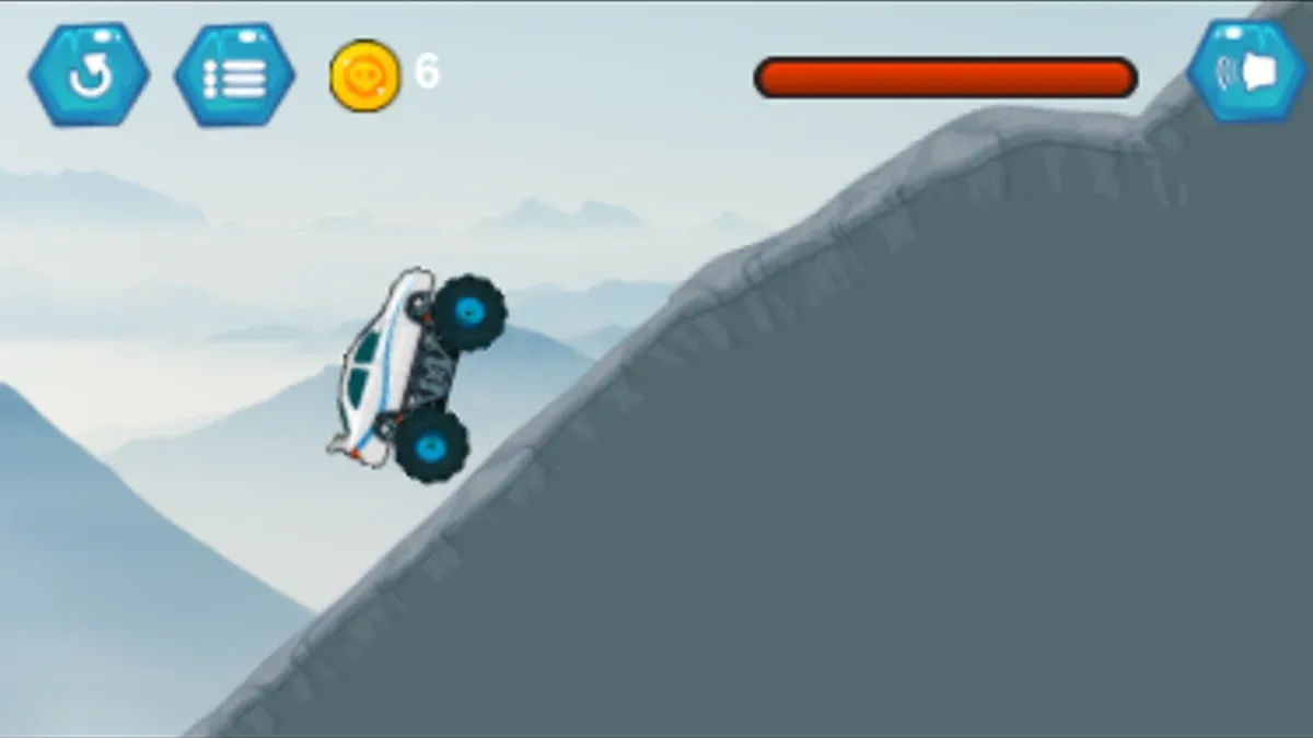 Monster Truck Mountain Climb truck tilted upward on a slope with counter 6