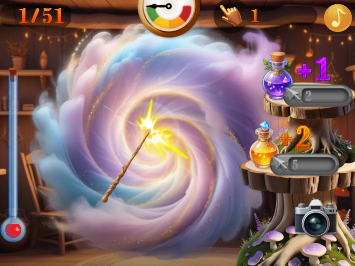 Mysterious Familiars desktop portal with a wand spark and hand counter 1 after a mouse click