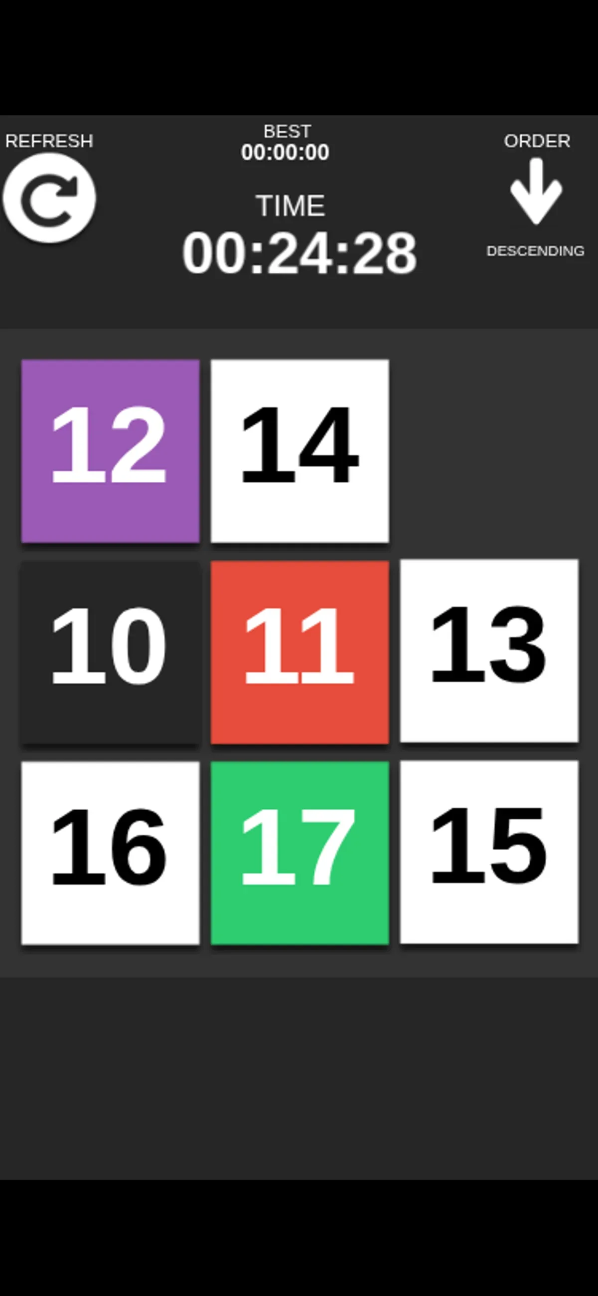 Number Slide on a phone-sized screen, with descending order selected and numbered tiles visible.