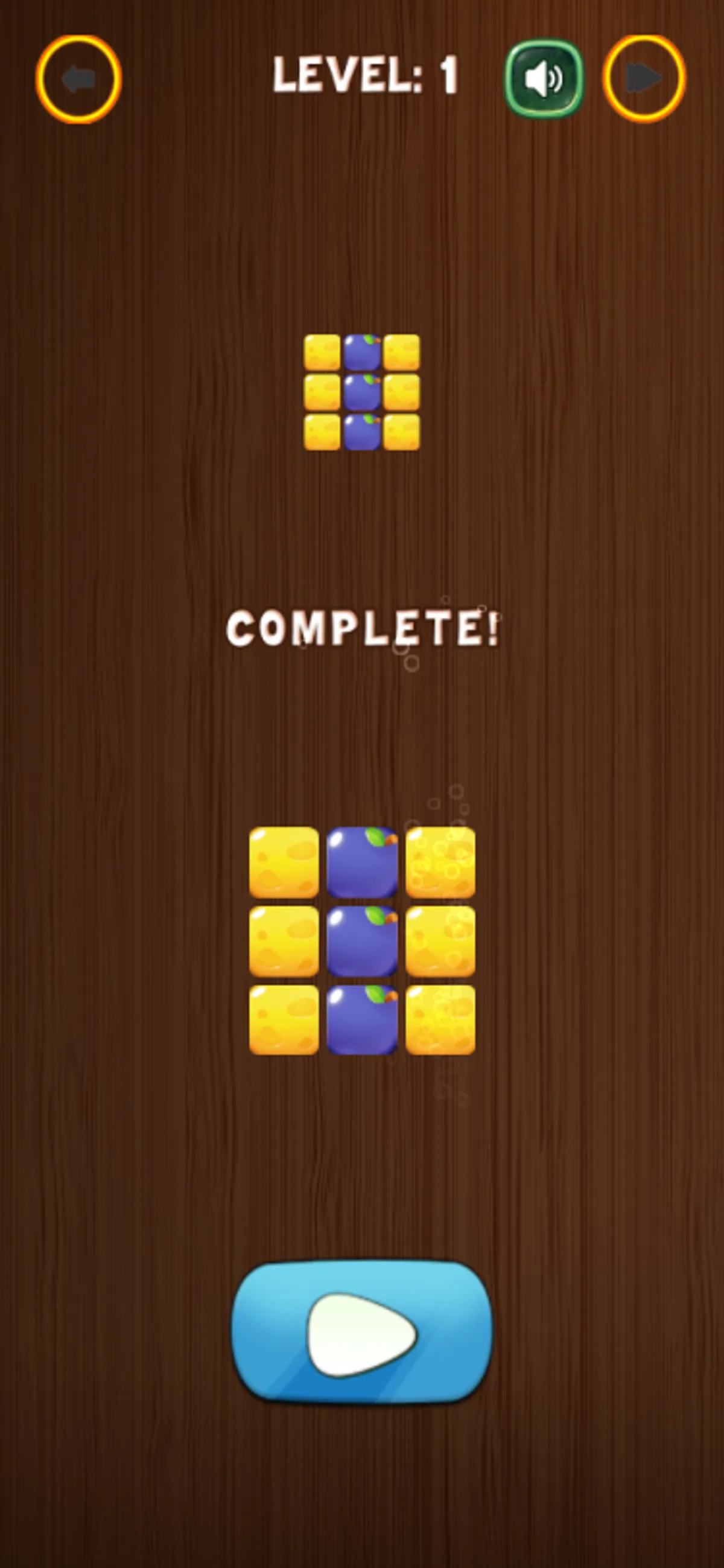 Paletto Level 1 COMPLETE message above a yellow-purple-yellow 3x3 grid on mobile