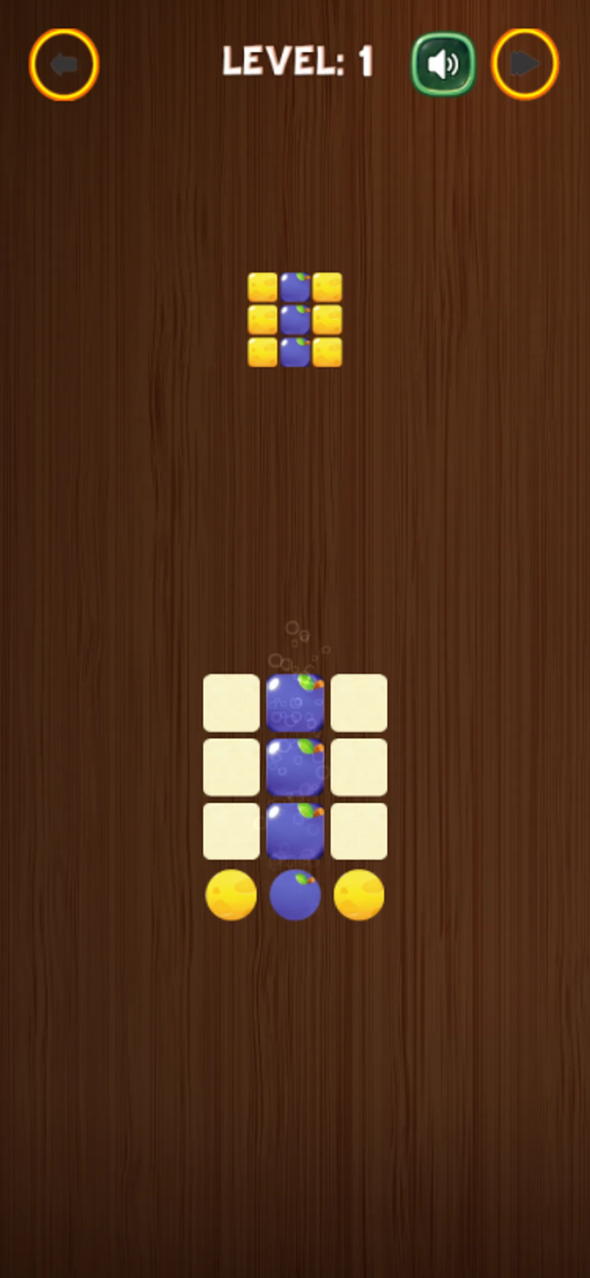 Paletto Level 1 board with three purple center cells and unfilled side columns on mobile