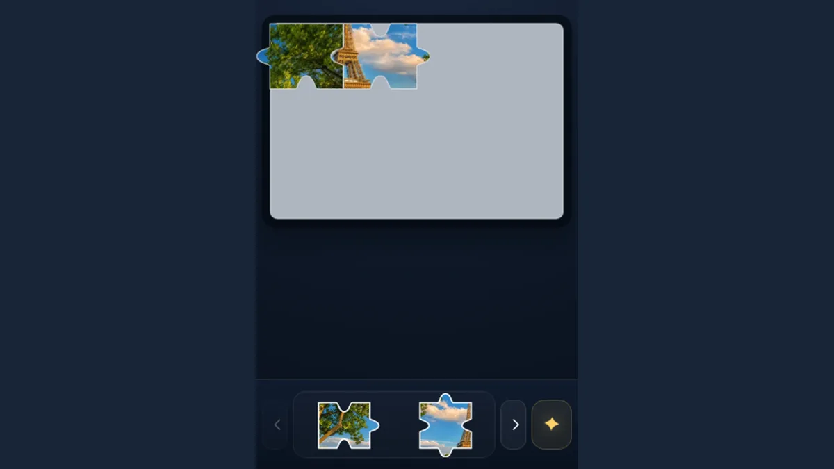Two touch drags moved tree and sky pieces onto the board; correct fitting was not confirmed.