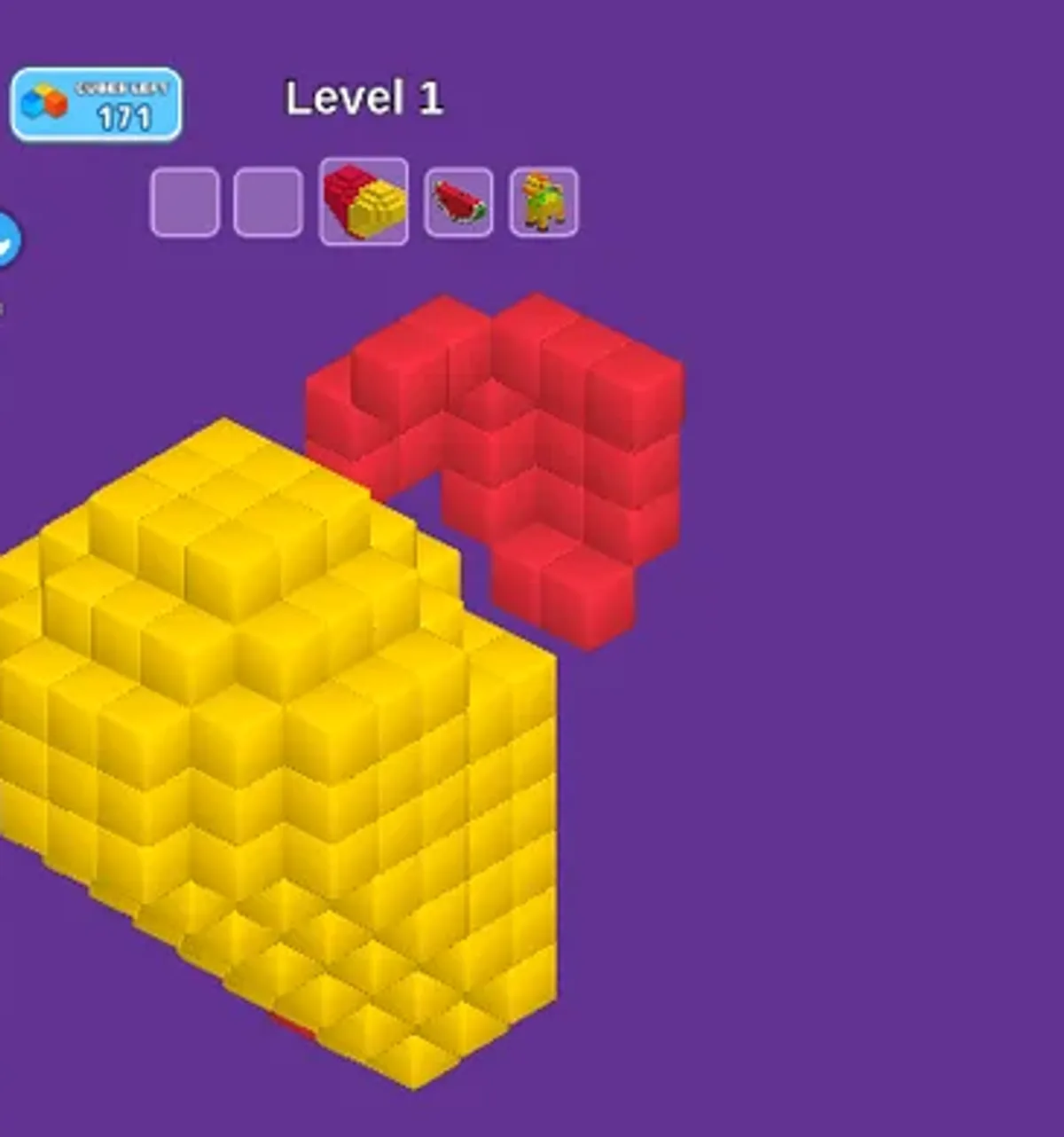 Desktop Pixel Shooter Puzzle level one with separated red and yellow voxel sections