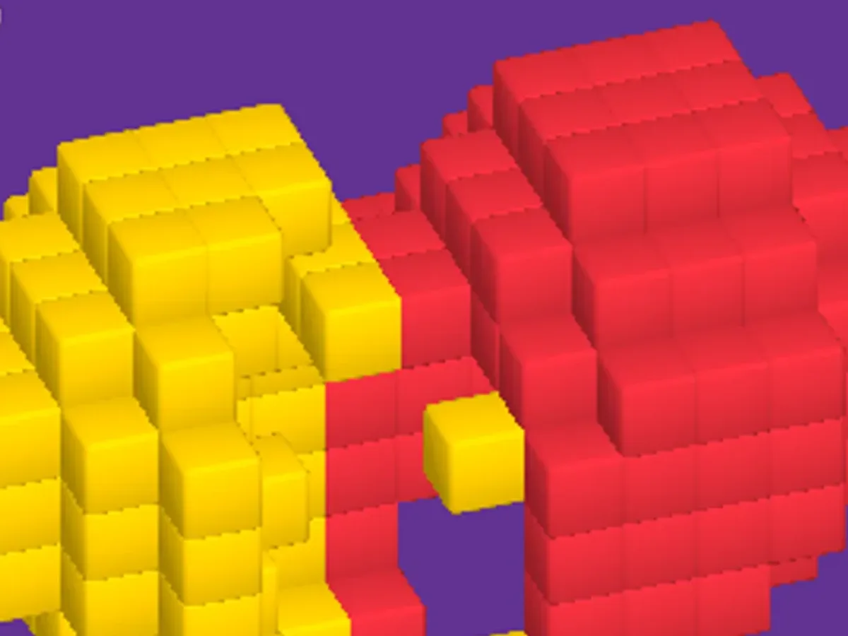 Red and yellow voxel heart puzzle during a recorded mobile playtest