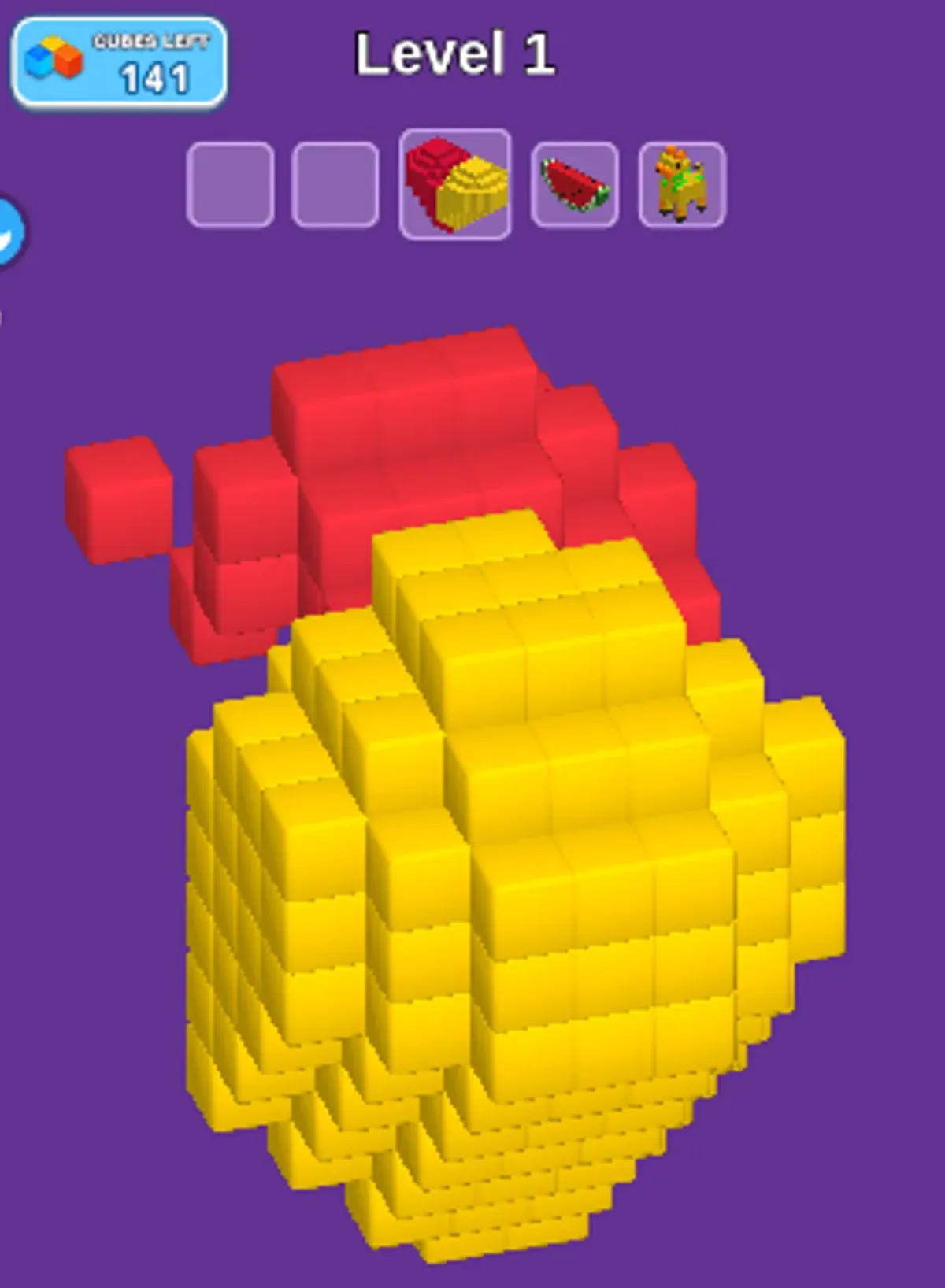 Mobile Pixel Shooter Puzzle level one with exposed yellow and red block groups