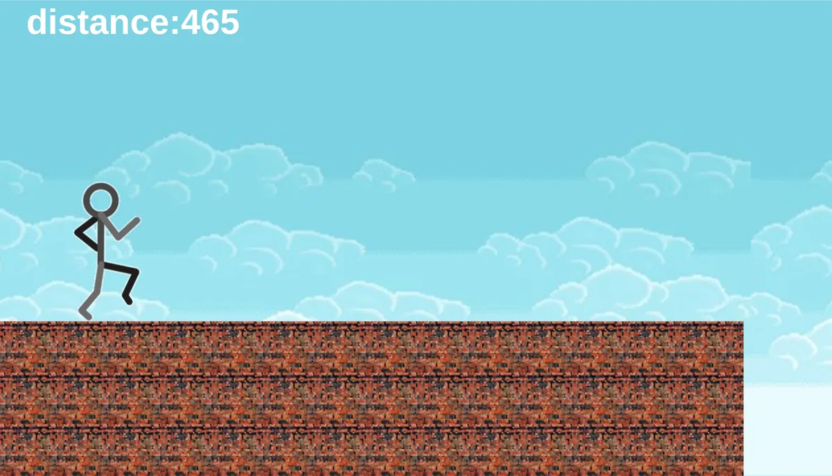 Stick figure running across a brick platform with distance 465 on screen