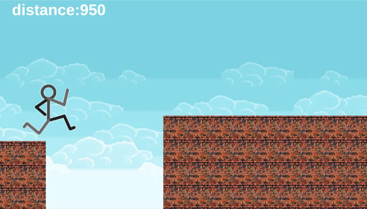 Stick figure airborne above a gap between brick platforms with distance 950