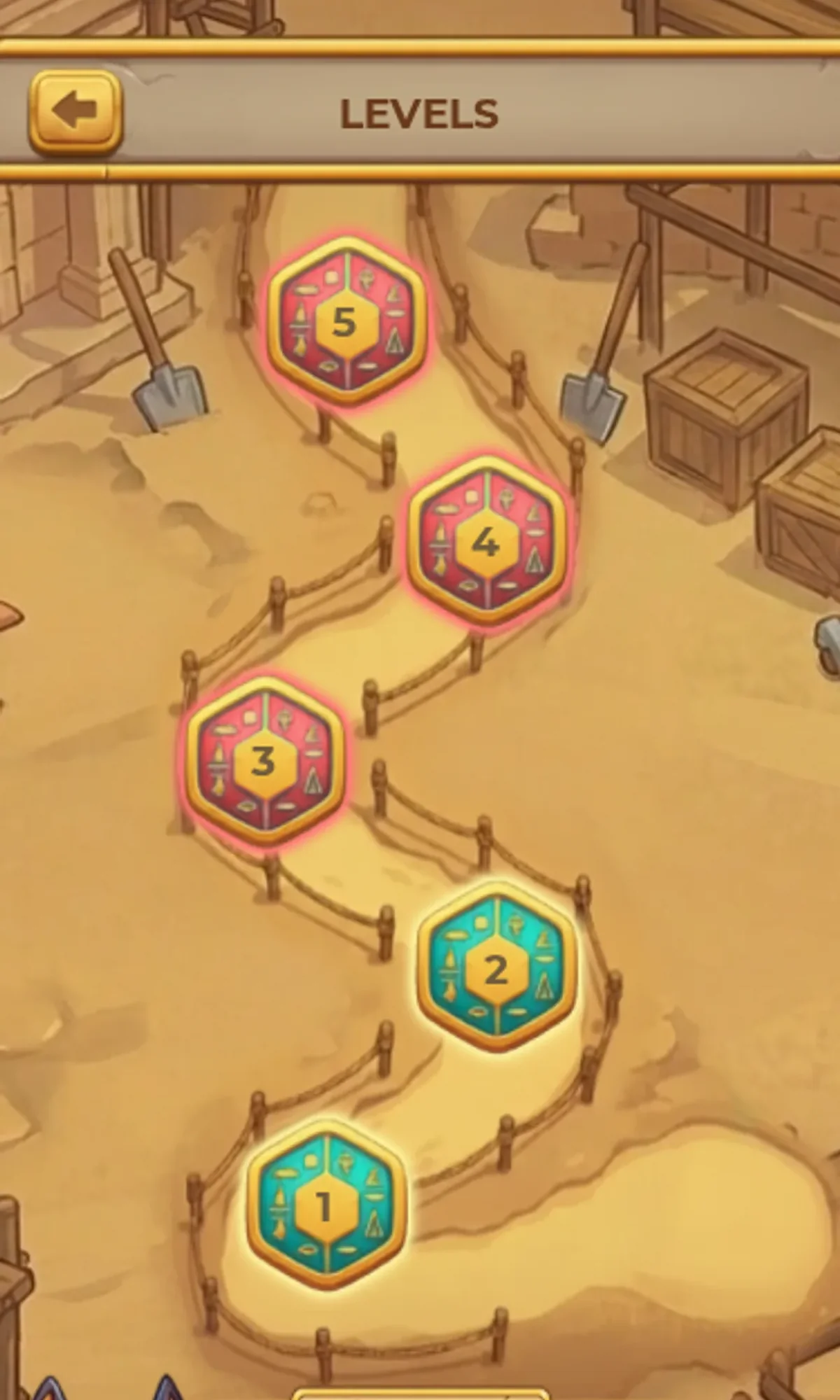 Sands of Anubis level map with levels 1 and 2 lit blue after Level 1 play