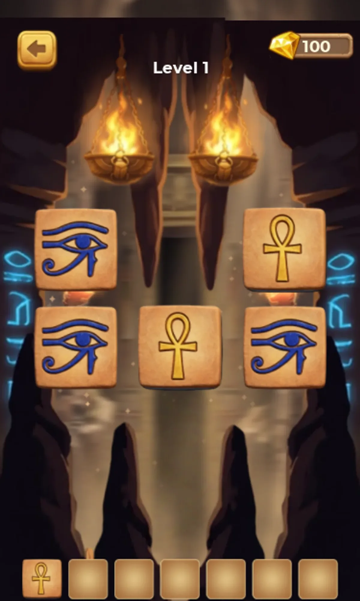 One gold ankh tile in the first tray slot with five tiles remaining on the board