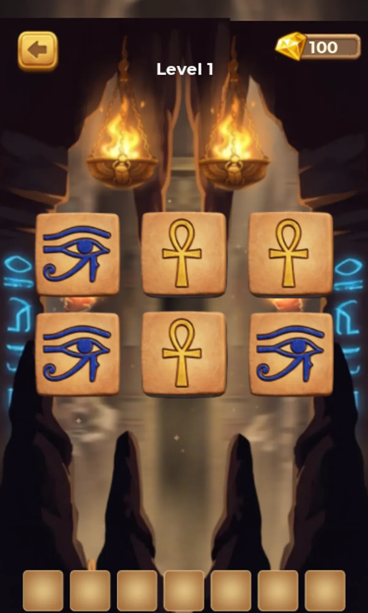 Sands of Anubis Level 1 showing three eye tiles, three ankh tiles and an empty tray