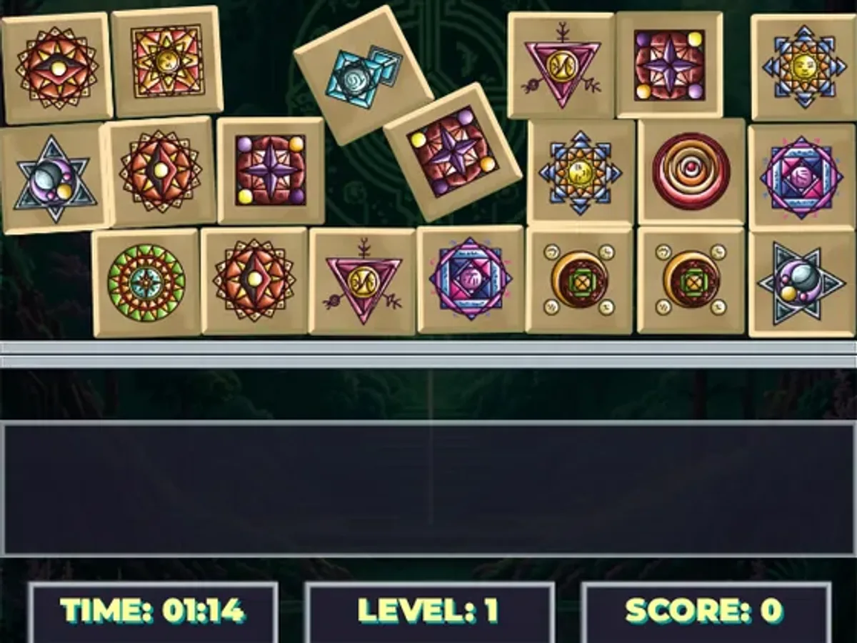 Colored geometric sigil tiles above an empty selection rail in Sigil Seeker