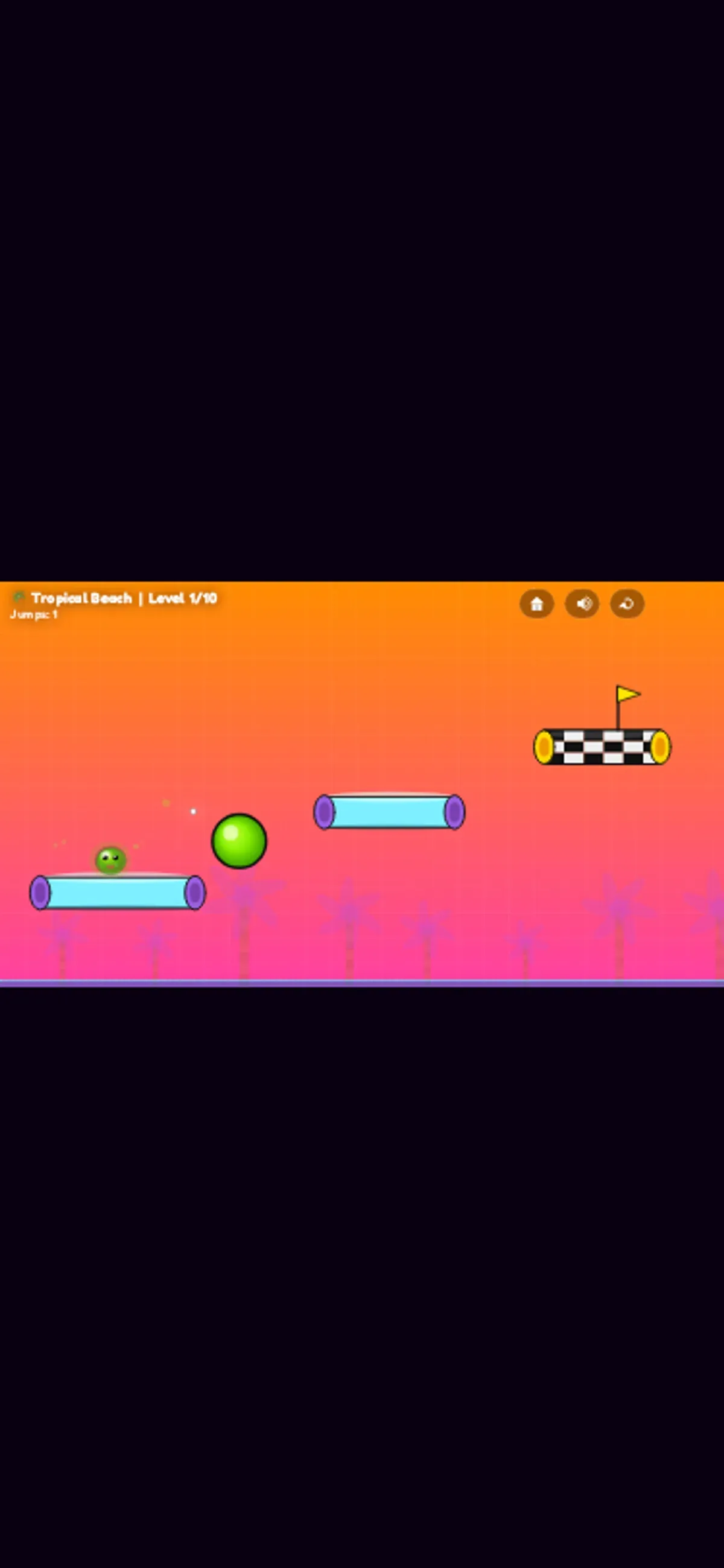 Green jelly remains on the cyan starting platform in the opening mobile-sized viewport; the jump counter shows 1.