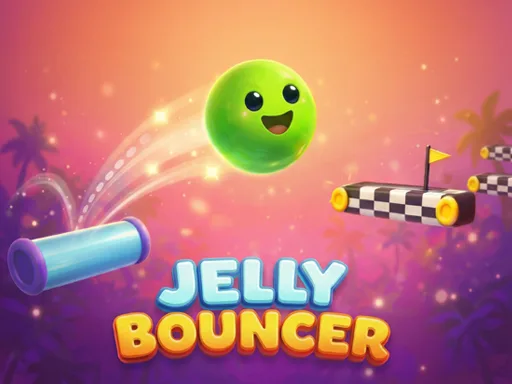 Slime Jelly Bouncer cover with a smiling green jelly, palm silhouettes and a checkered goal.