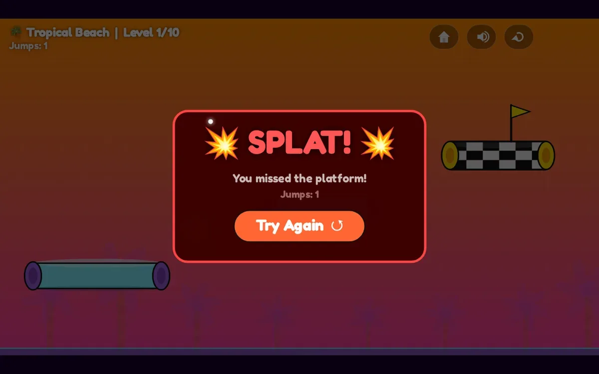 The desktop screen reads “SPLAT!” and “You missed the platform!” after the opening jump.