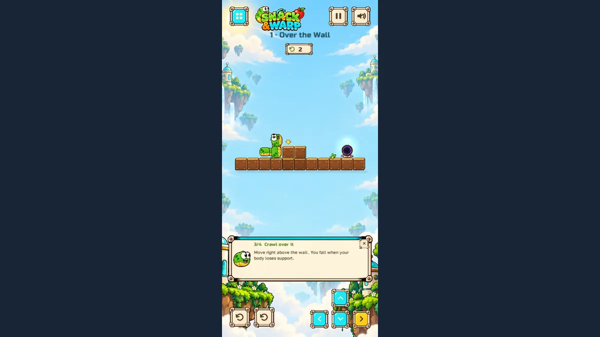 Touch arrows moved the worm beside the wall and lifted its head; the move counter shows 2.