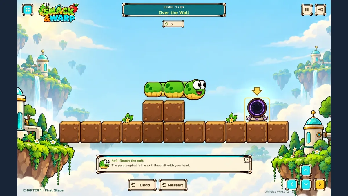 After five keyboard moves, the worm rests above the wall with the purple exit ahead.
