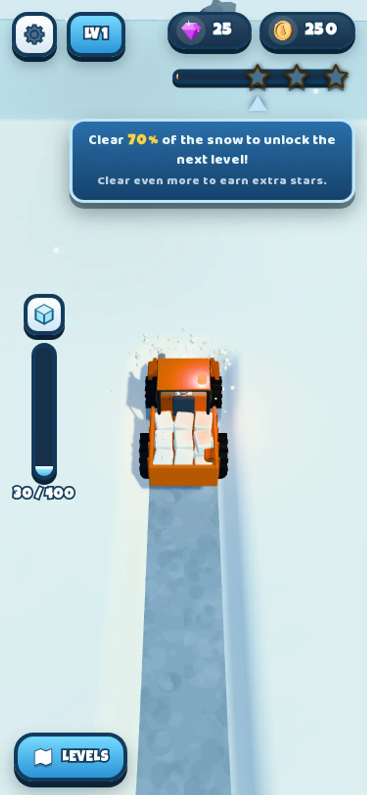 Mobile view of the orange snowplow and its cleared track, with the counter at 30/400.