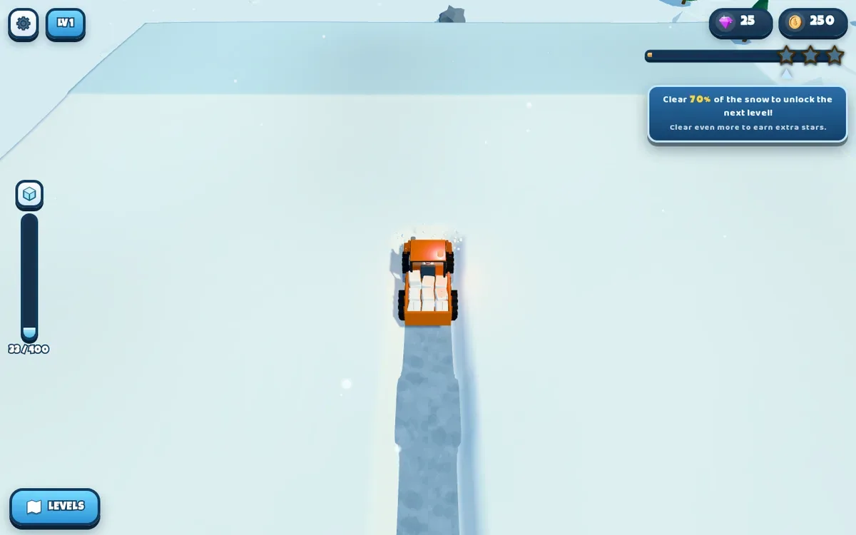 Desktop view of the orange snowplow on a cleared track, with the counter at 33/400.