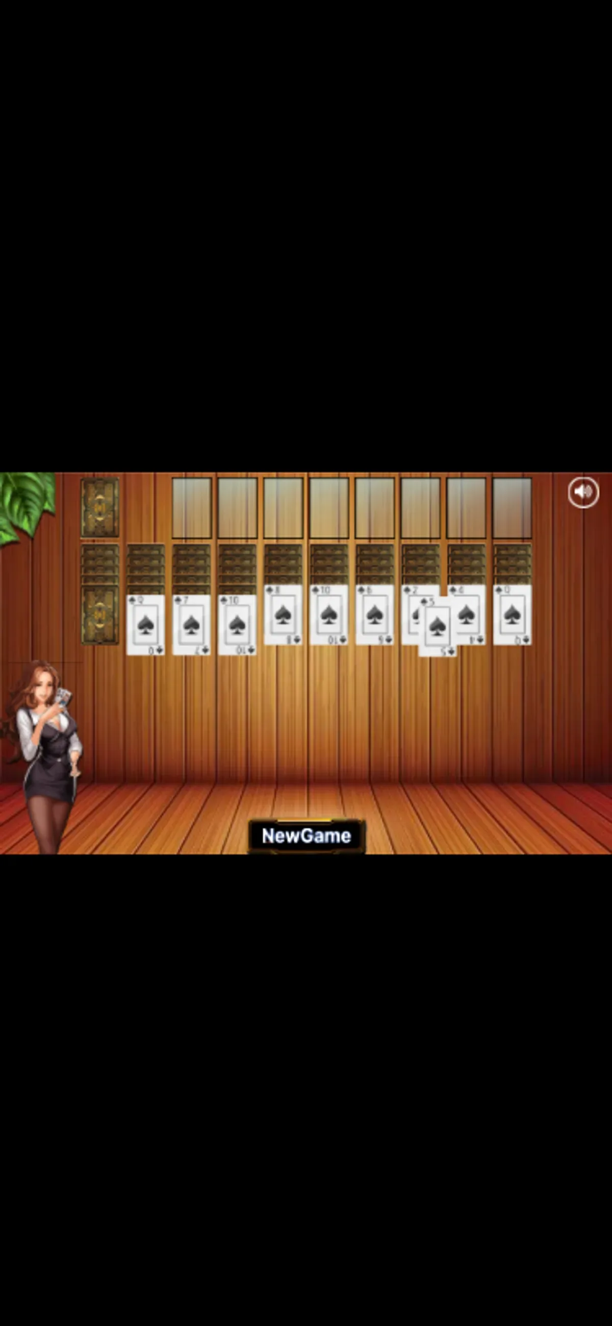 A five of spades held over the right-hand columns on the phone-sized card table.