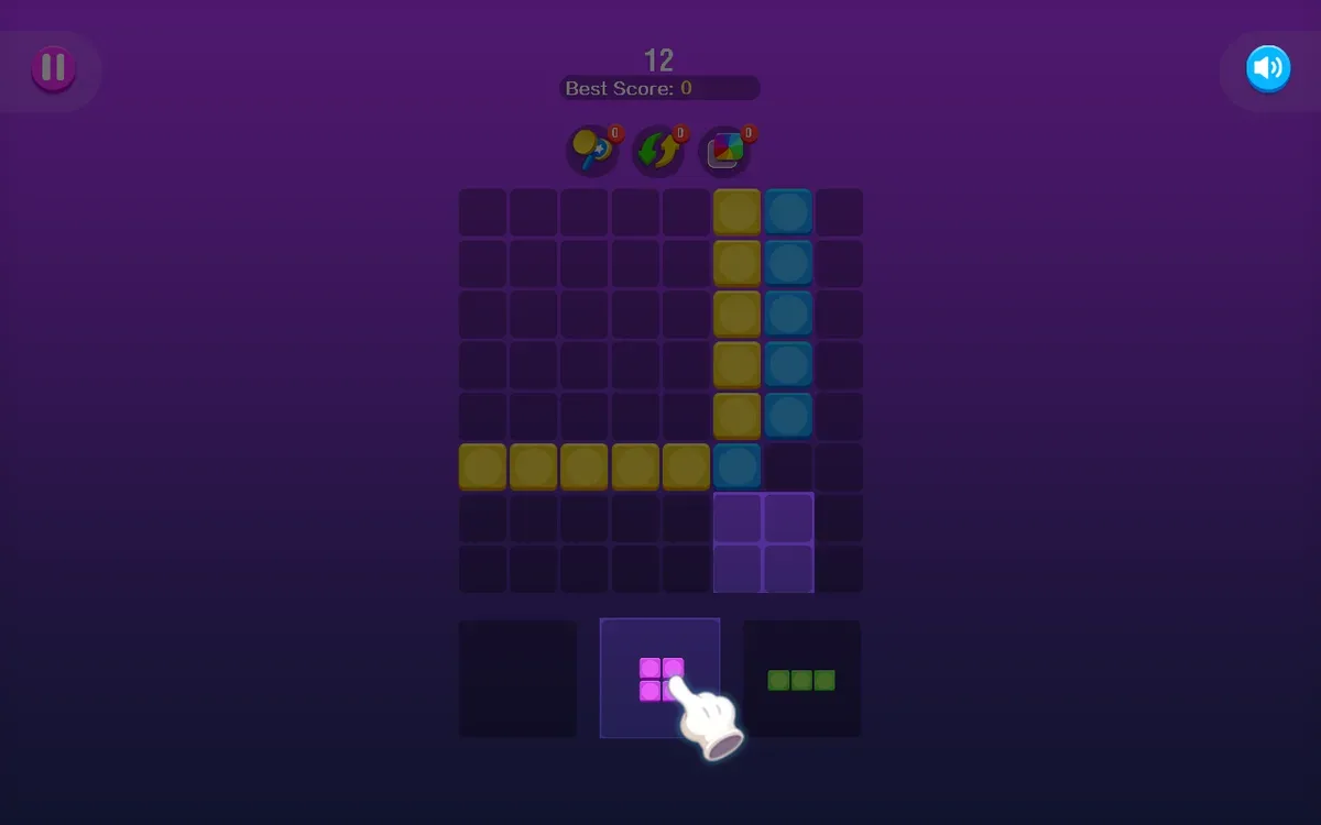 Spatial puzzle desktop tutorial with score 12 after the first block placement and row clear.