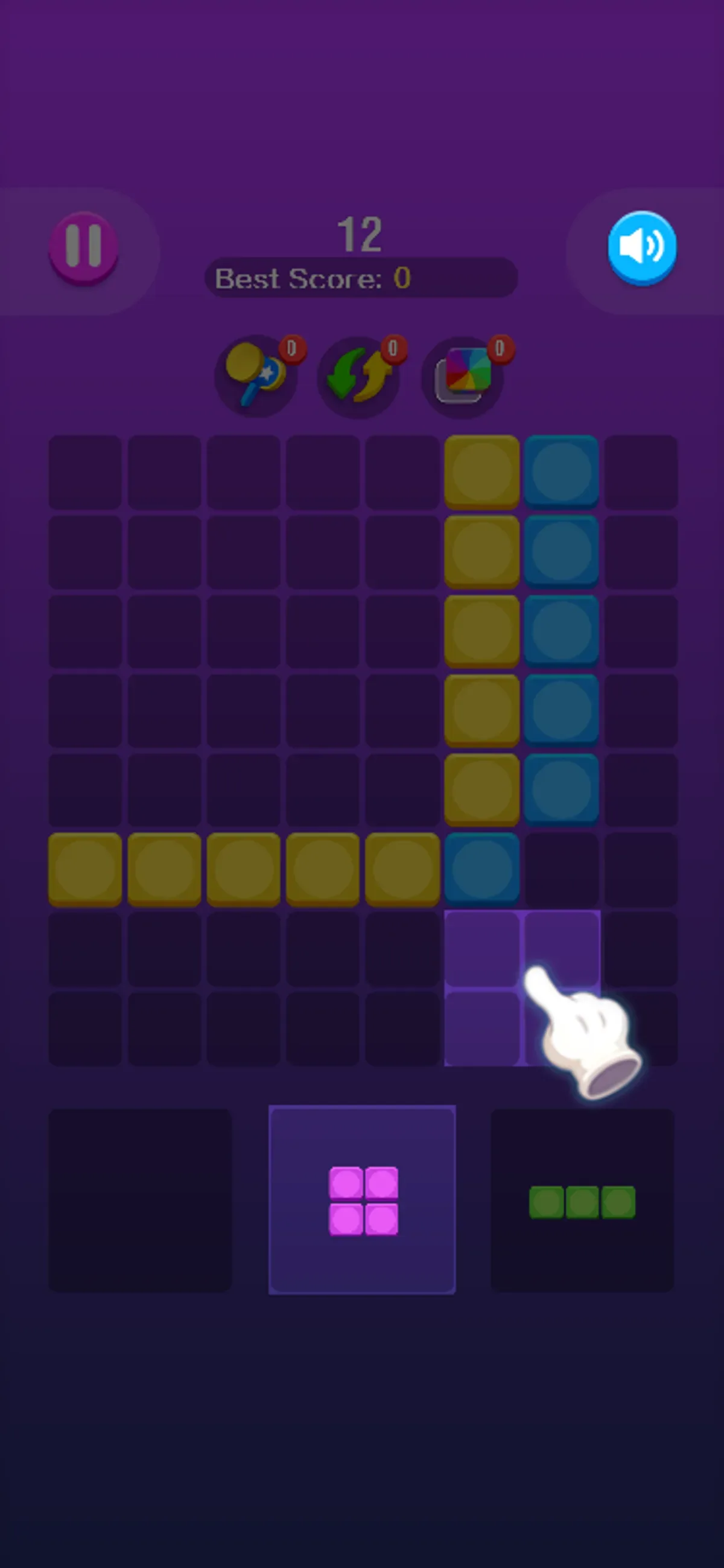 Spatial puzzle mobile tutorial after the first drag, showing score 12 and an empty bottom row.